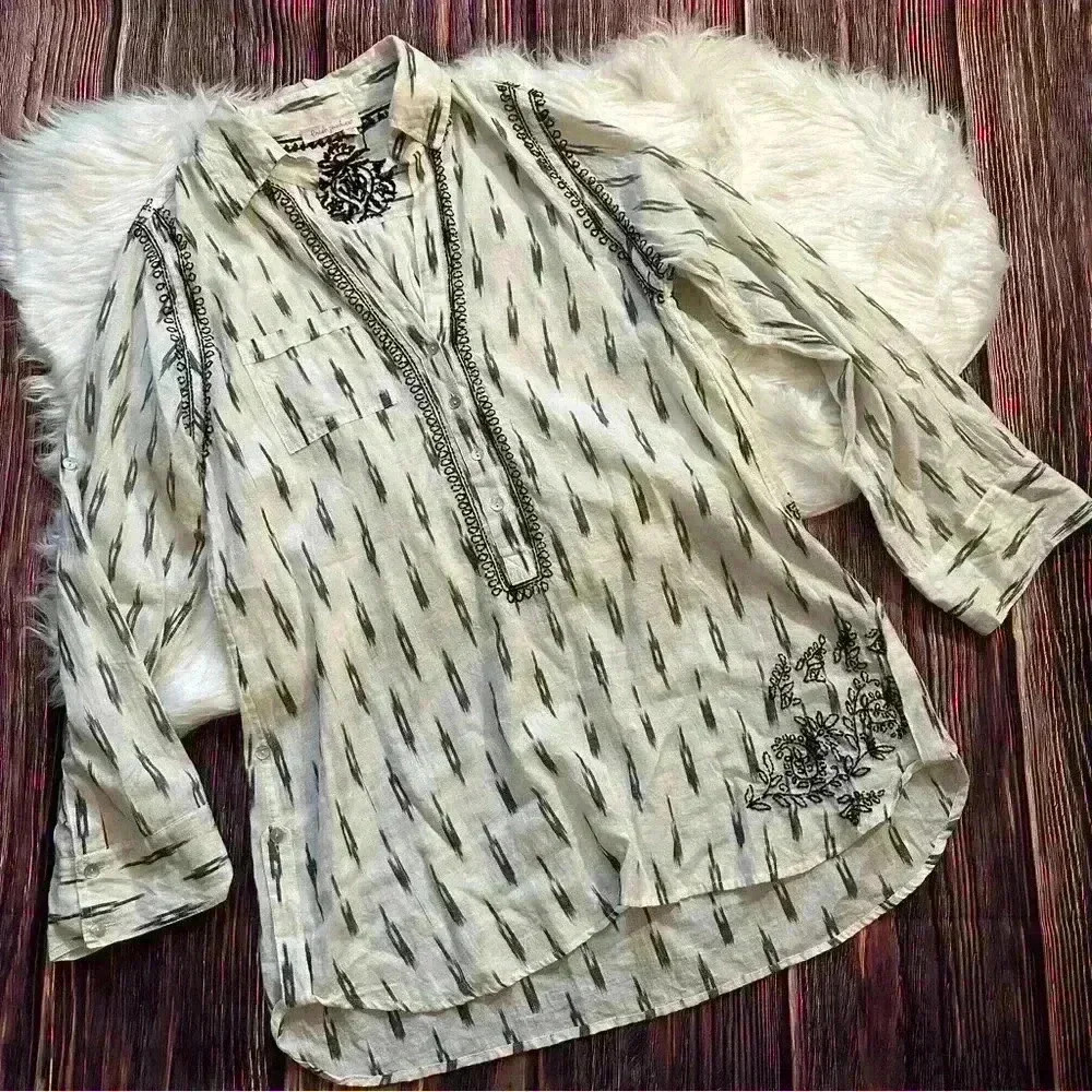 Womens BOHO/Western White/Black/Gray Embroidered Handmade Tunic Top Sz XS/S